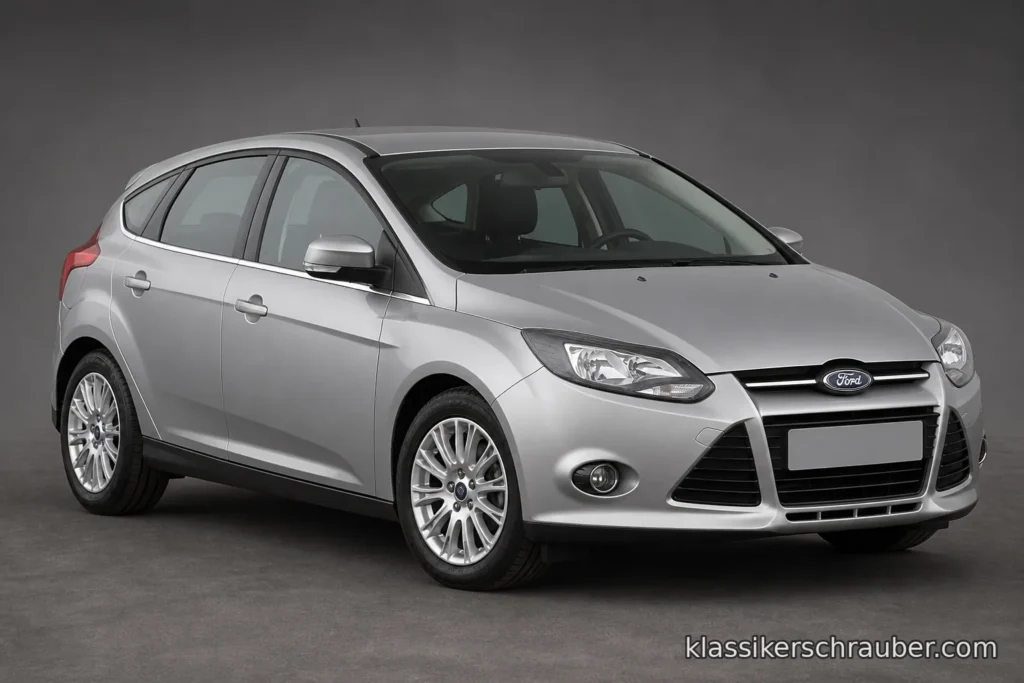 Silver-grey Ford Focus Mk3 European pre-facelift 5-door hatchback, left-hand drive, shown from the front three-quarter in a studio setting.