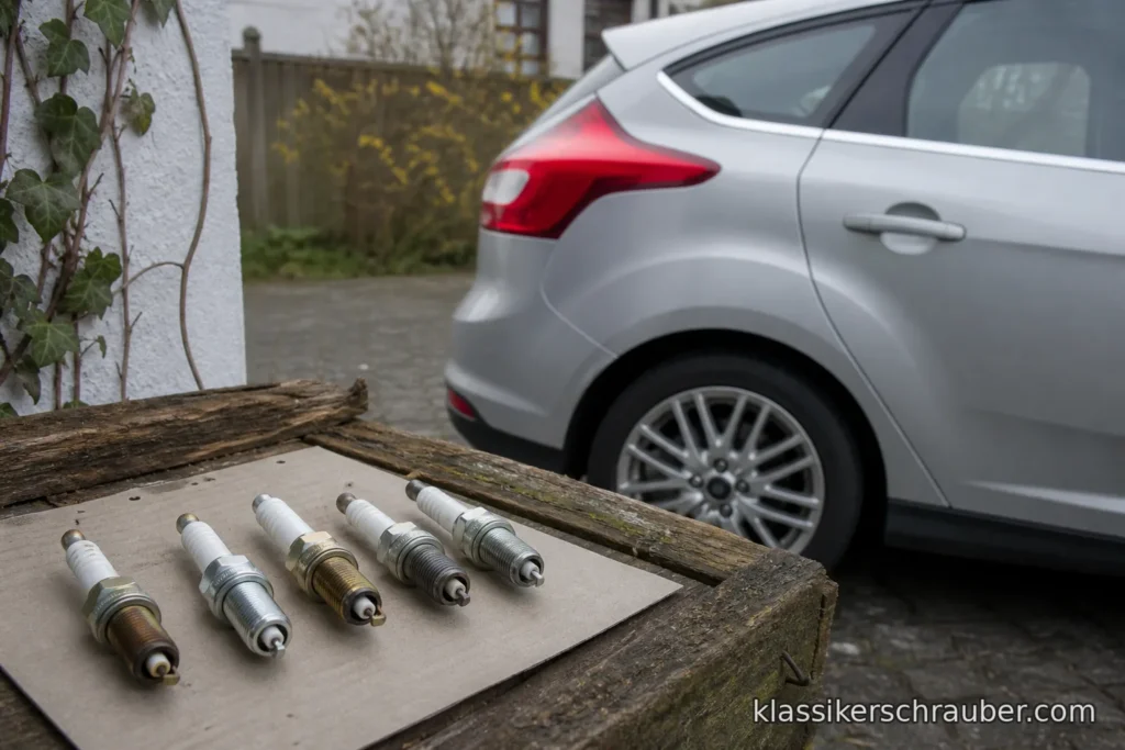 Silver Ford Focus Mk3 hatchback with four spark plugs on a wooden block — article hero web derivative