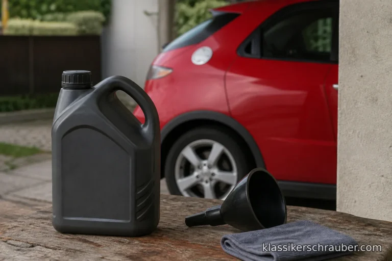 Red Honda Civic VIII hatchback with oil canister, funnel and cloth — article hero web derivative