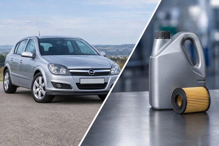 Der Leser erkennt auf einen Blick die Fahrzeuggeneration Opel Astra H und das Artikelthema Motoröl und Ölfilter für den 1,6-Liter-Benziner Z16XER. Kanister und Filtereinsatz sind eine redaktionelle Darstellung des Themas, kein bestimmtes Produkt und keine Freigabe- oder Passformzusage; Fahrzeug und Themenobjekte bleiben getrennte Bildräume.