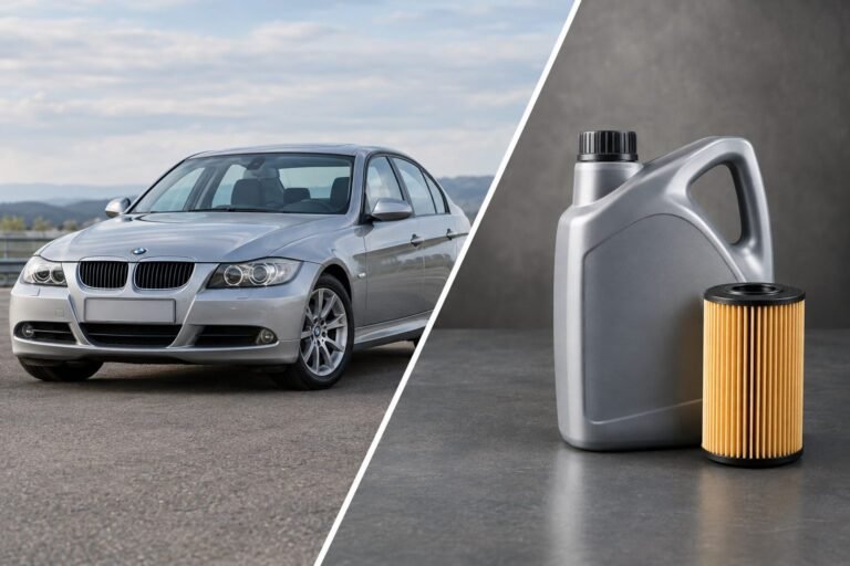 Der Leser erkennt auf einen Blick die Fahrzeuggeneration BMW 3er E90 und das Artikelthema Motoröl und Ölfilter für den 318i und 320i mit dem Benziner N46B20. Kanister und Filtereinsatz sind eine redaktionelle Darstellung des Themas, kein bestimmtes Produkt und keine Freigabe- oder Passformzusage; Fahrzeug und Themenobjekte bleiben getrennte Bildräume.
