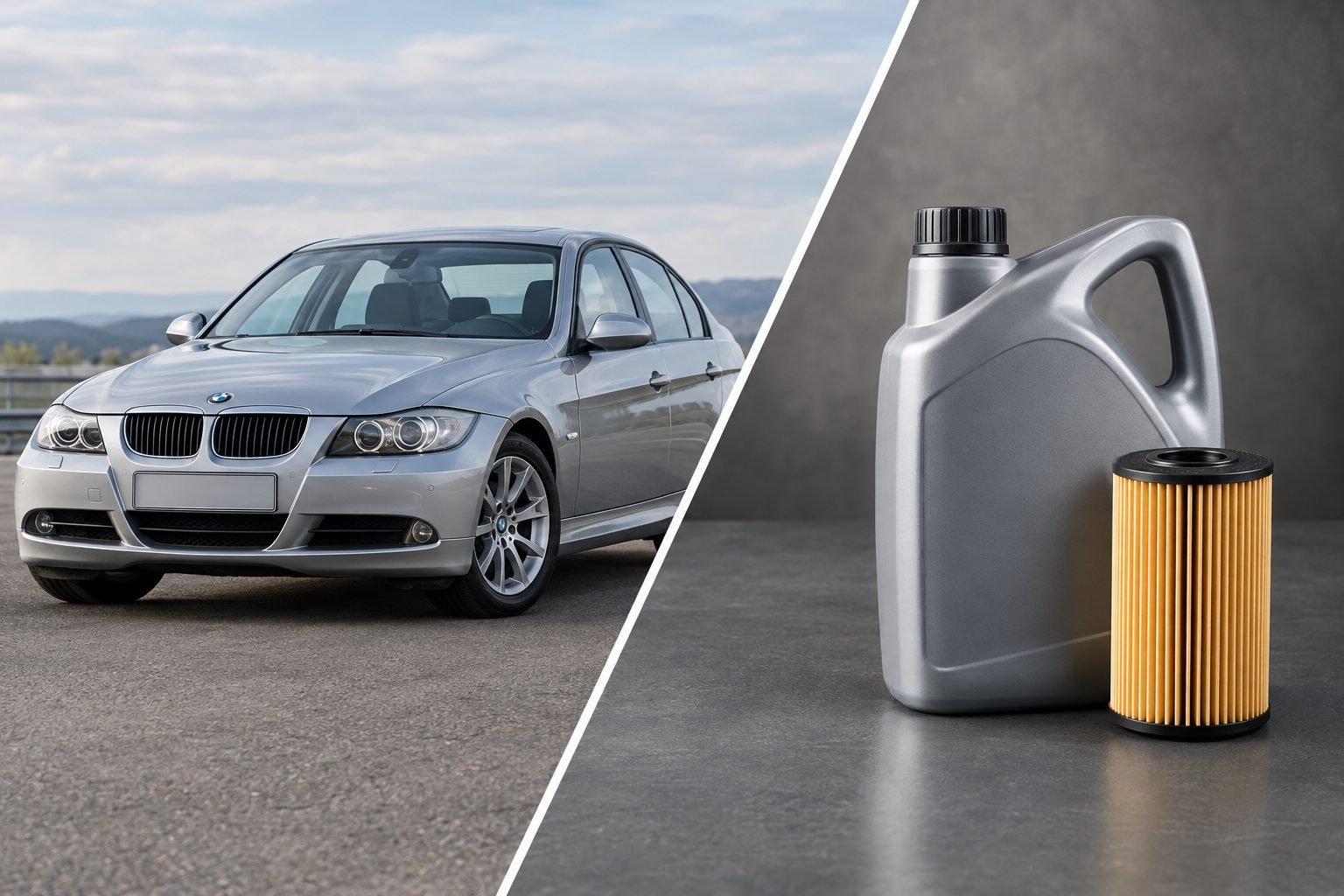 Der Leser erkennt auf einen Blick die Fahrzeuggeneration BMW 3er E90 und das Artikelthema Motoröl und Ölfilter für den 318i und 320i mit dem Benziner N46B20. Kanister und Filtereinsatz sind eine redaktionelle Darstellung des Themas, kein bestimmtes Produkt und keine Freigabe- oder Passformzusage; Fahrzeug und Themenobjekte bleiben getrennte Bildräume.