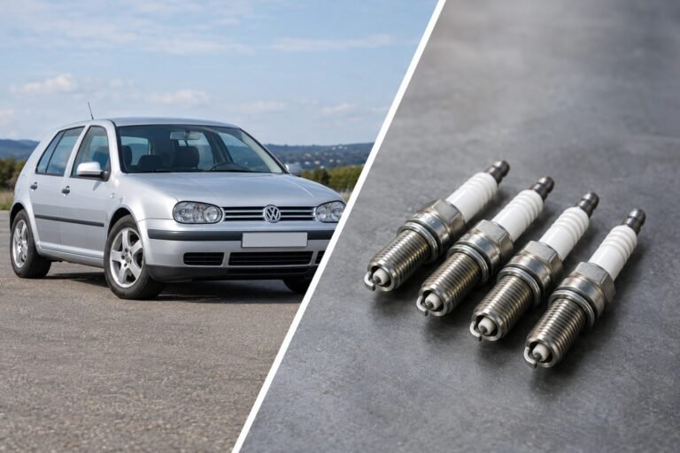 Der Leser erkennt auf einen Blick die Fahrzeuggeneration VW Golf IV und das Artikelthema Zündkerzen für den 1,6-Liter-Benziner mit acht Ventilen. Die Kerzen sind eine redaktionelle Darstellung des Themas, kein bestimmtes Produkt und keine Passformzusage; Fahrzeug und Kerzen bleiben getrennte Bildräume.